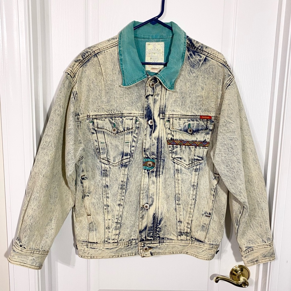 90s Bonjour Southwestern Acid Washed Denim Jean Trucker Jacket Vintage Men’s L